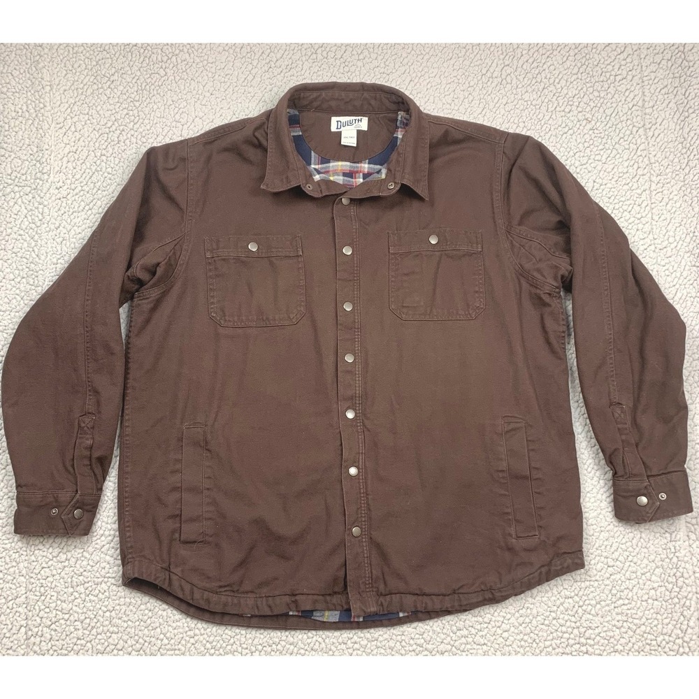Duluth Trading Co Shirt Jacket Mens 2XL Tall Brown Cotton Canvas Plaid Lined‎